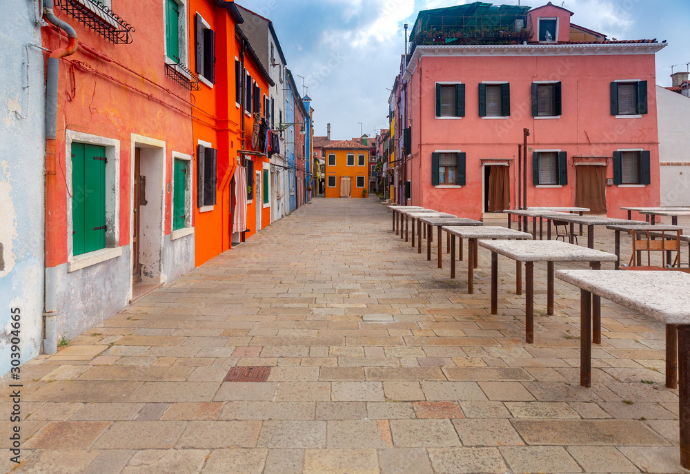 Facades of traditional old houses on the island of Burano.