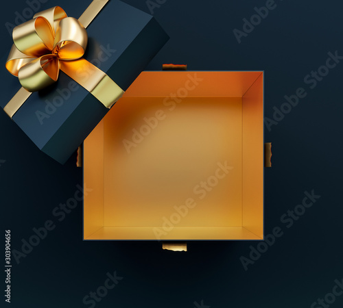 Opening black gift box with golden shiny bow on black background 3D Rendering photo