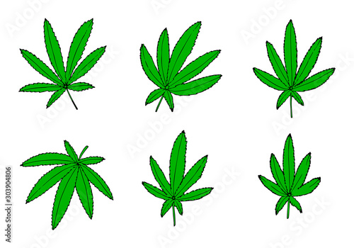 Outline green hemp collection. Hand drawn green cannabis set. Botanic vector illustration.