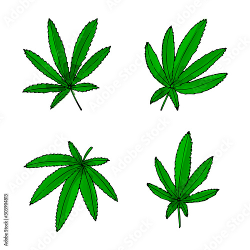 Outline green hemp collection. Hand drawn green cannabis set. Botanic watercolor style illustration.