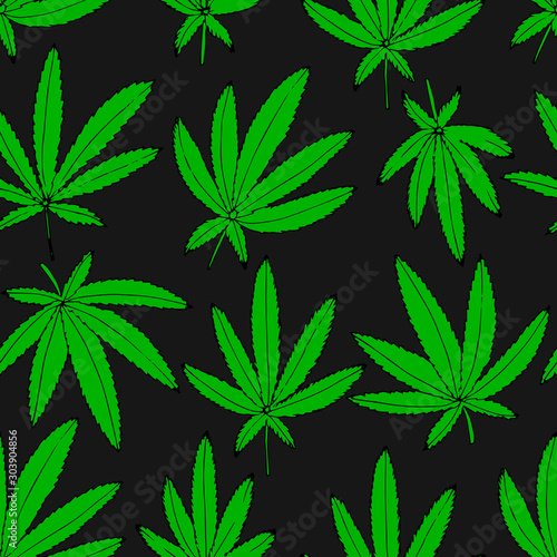 Natural hemp seamless. Hand drawn vector cannabis pattern. Plant black background.
