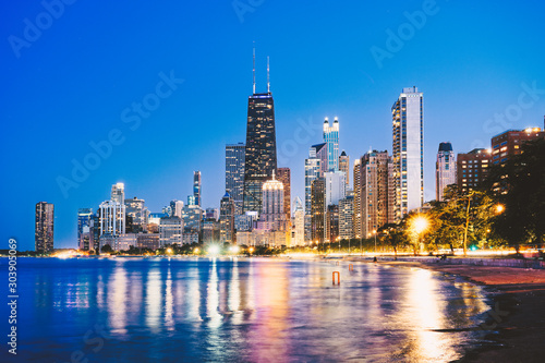 Chicago cityscape reflected in Lake Michigan