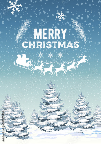 Winter merry christmas composition with pine trees covered in snow. Santa wit...