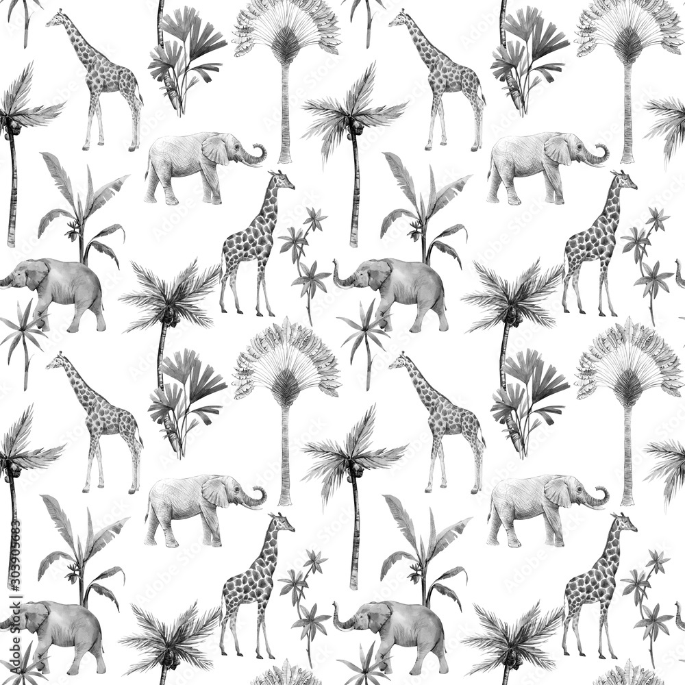 Fototapeta Watercolor seamless patterns with safari animals and palm trees. Elephant giraffe.