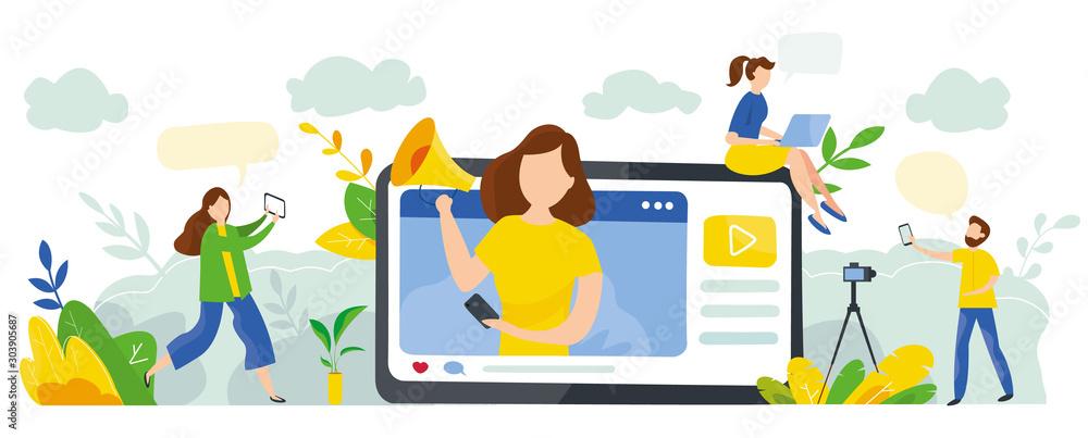 Modern vector illustration of creative blogging. Concept of content management and engaging content with cute characters. Blogger advertises content for web, banner, presentation.