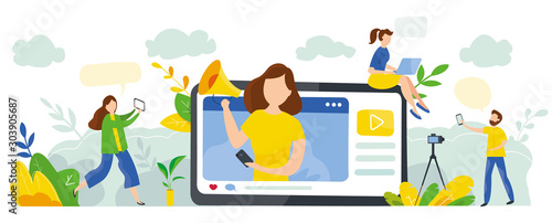 Modern vector illustration of creative blogging. Concept of content management and engaging content with cute characters. Blogger advertises content for web, banner, presentation.