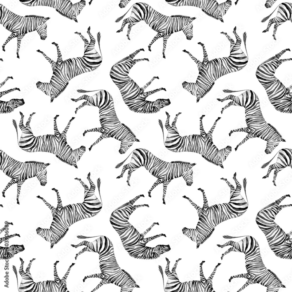 Watercolor seamless patterns with safari animals. Cute african zebra.