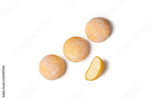 Wagashi mochi with banana top view isolated on white background.