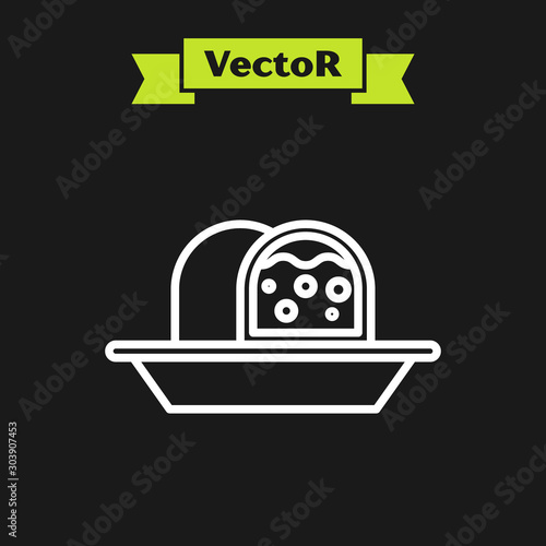 White line Marzipan sponge cake icon isolated on black background. Merry Christmas and Happy New Year. Vector Illustration