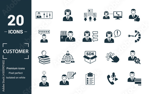 Customer Service icon set. Include creative elements agent console, case priority, satisfaction, helpdesk, knowledge base icons. Can be used for report, presentation, diagram, web design