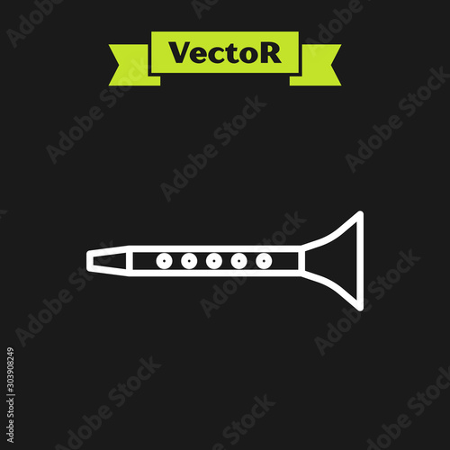 White line Clarinet icon isolated on black background. Musical instrument. Vector Illustration