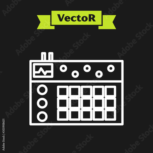 White line Drum machine icon isolated on black background. Musical equipment. Vector Illustration