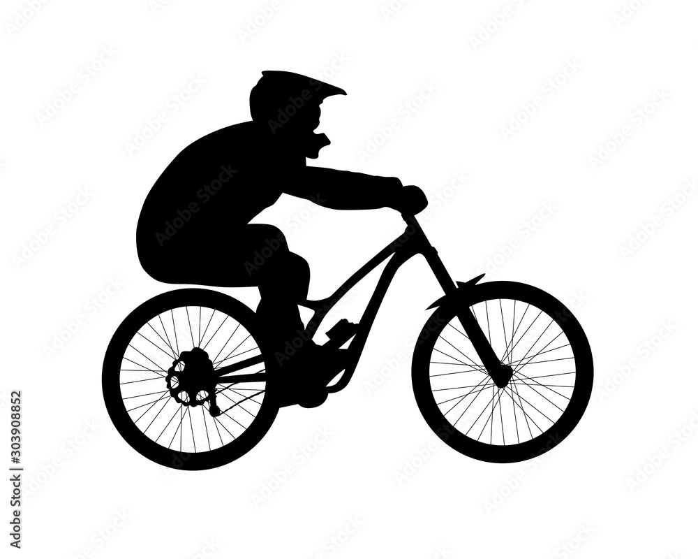 Silhouette of bicyclist riding downhill mountain bike. Black and white