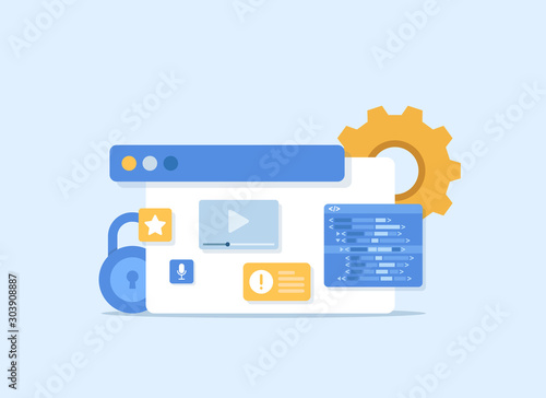 Development and software. Concept of programming, data processing. Computer code with windows