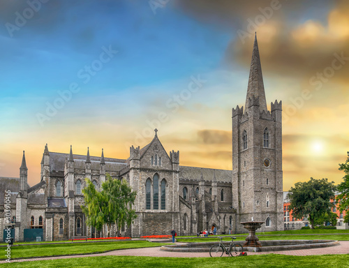 Photography Sunset view of Saint Patrick's Cathedral Dublin Ireland.
