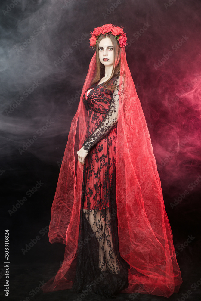 witch vampire girl in red dress with red veil witch vampire girl in red dress with red veil
