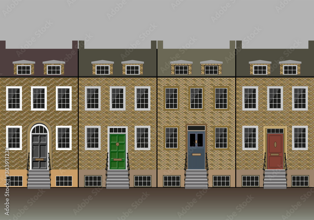 Four typical british brick house facades.