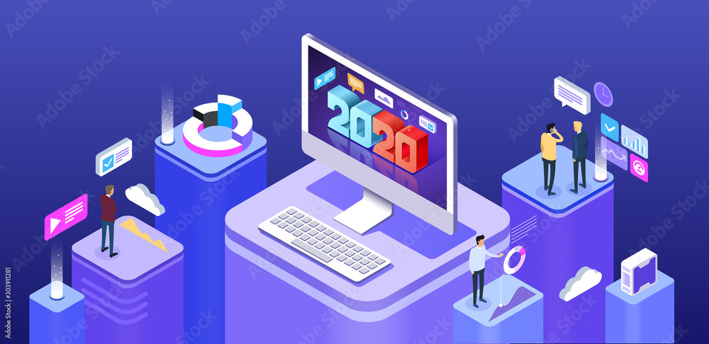Isometric vector concept banner 2020 a Happy New Year greetings. Jubilee or birthday logotype. Vector modern minimalist Happy new year card for 2020 Year. Vector illustration Isometric vector concept banner 2020 a Happy New Year greetings. Jubilee or birthday logotype. Vector modern minimalist Happy new year card for 2020 Year. Vector illustration
