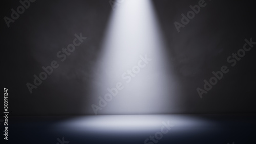 Abstract dark background with spotlight and smoke. 3D illustration