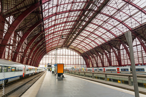 Train on railway station platform, Europe
