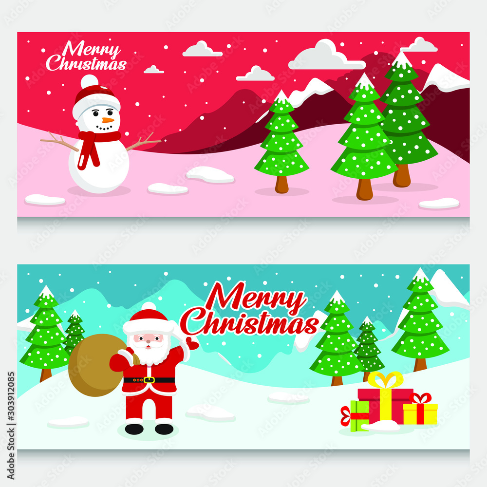 Fototapeta premium stock vector set of cute christmas outdoor with snowman and santa claus banner. christmas poster, greeting cards, header, website. vector illustration background