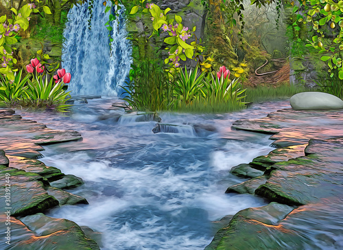 watrfall with red flowers photo