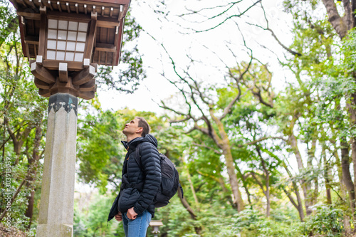 Photography Meiji shrine entrance street with tourist man closeup in Tokyo with green tree f