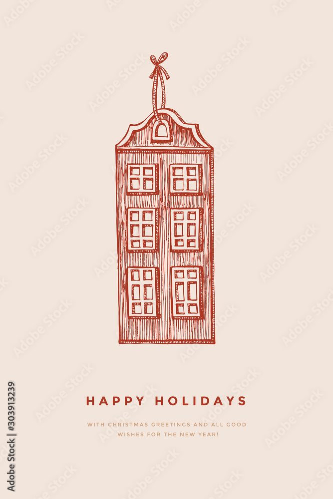 Christmas tree toy old house in retro style. Decor for the Christmas holiday. Happy New Year vacations. Vector illustration in engraving style on a light isolated background.