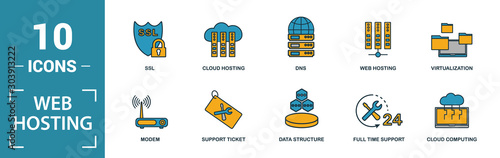 Web Hosting icon set. Include creative elements data structure, cloud technology, ssd, file access, modem icons. Can be used for report, presentation, diagram, web design