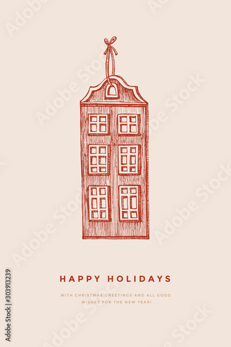 Christmas tree toy old house in retro style. Decor for the Christmas holiday. Happy New Year vacations. Vector illustration in engraving style on a light isolated background.