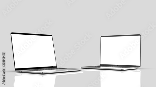 Set of laptops, templates on a white background. Template, mockup, design.	 photo