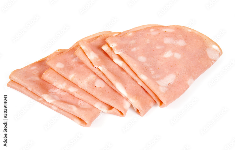thin slices of mortadella ham isolated on white thin slices of mortadella ham isolated on white