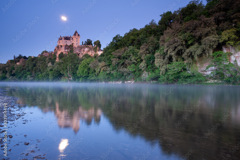 Chateau Monfort at sunrise and moonlight, France, Dordogne