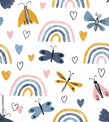 Scandinavian seamless pattern with rainbows, hearts, butterflies. Hand drawn cute texture. Modern ornament in vector. Perfect for fabric or childish design