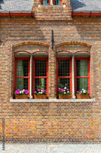 Fototapeta Naklejka Na Ścianę i Meble -  Ancient building facade with flower bed on window