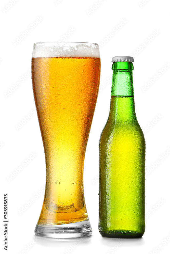 Bottle and glass of fresh beer on white background Bottle and glass of fresh beer on white background