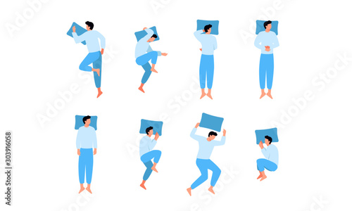 Sleep positions vector illustration. Flat male character in eight different poses for sleeping: soldier, starfish, fetal, on stomach, on side. Healthcare concept.