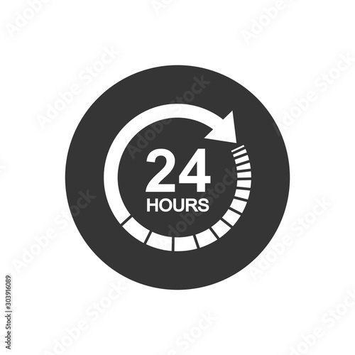 24 hours clock sign icon in flat style. Twenty four hour open vector illustration white on gray isolated background. Timetable business