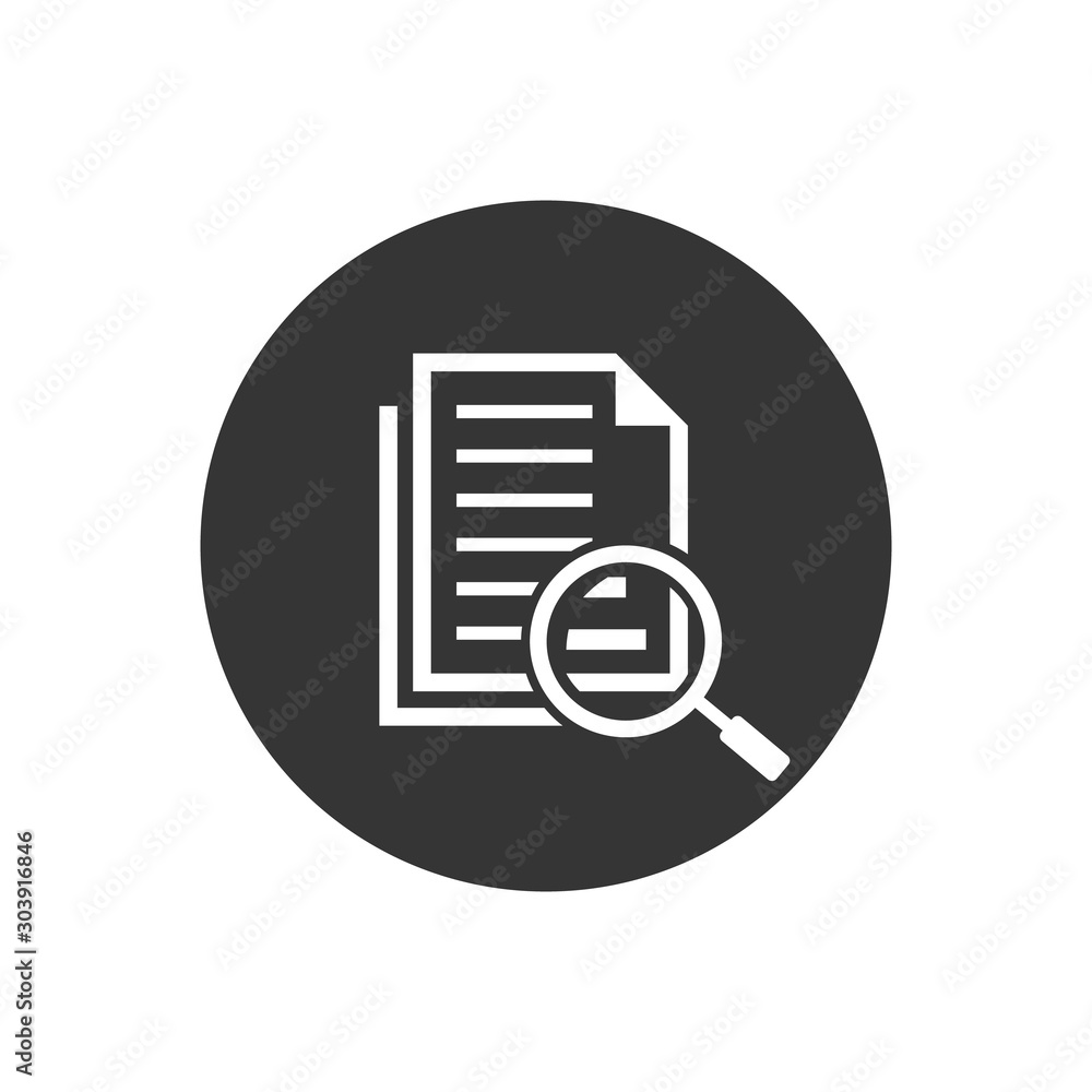 Scrutiny document plan icon in flat style. Review statement vector illustration on gray isolated background. Document with magnifier loupe business Scrutiny document plan icon in flat style. Review statement vector illustration on gray isolated background. Document with magnifier loupe business