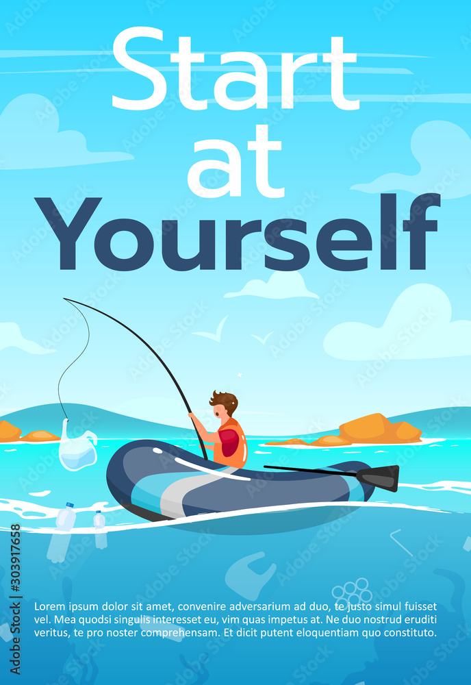 Start at yourself brochure template. Plastic pollution in ocean. Flyer, booklet, leaflet concept with flat illustrations. Vector page cartoon layout for magazine. advertising poster with text space