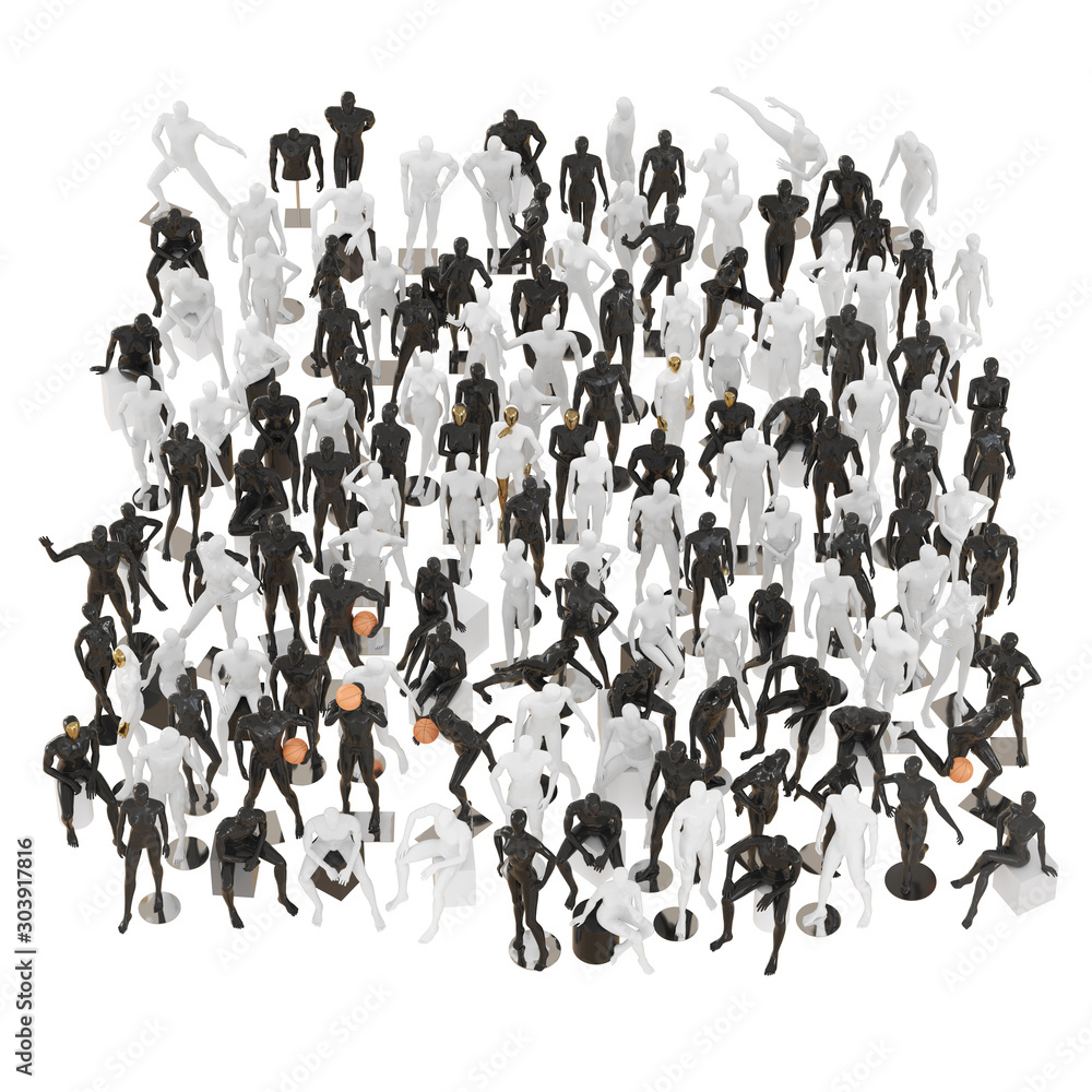 Large collection of male and female mannequins on an isolated background. 3d rendering