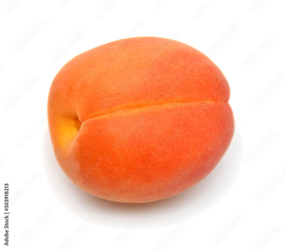 One apricot fruit isolated on white background. Flat lay, top view One apricot fruit isolated on white background. Flat lay, top view