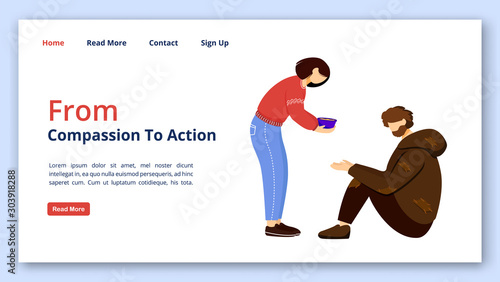 From compassion to action landing page vector template. Charity website interface idea with flat illustrations. Humanitarian help homepage layout. Feeding poor web banner, webpage cartoon concept