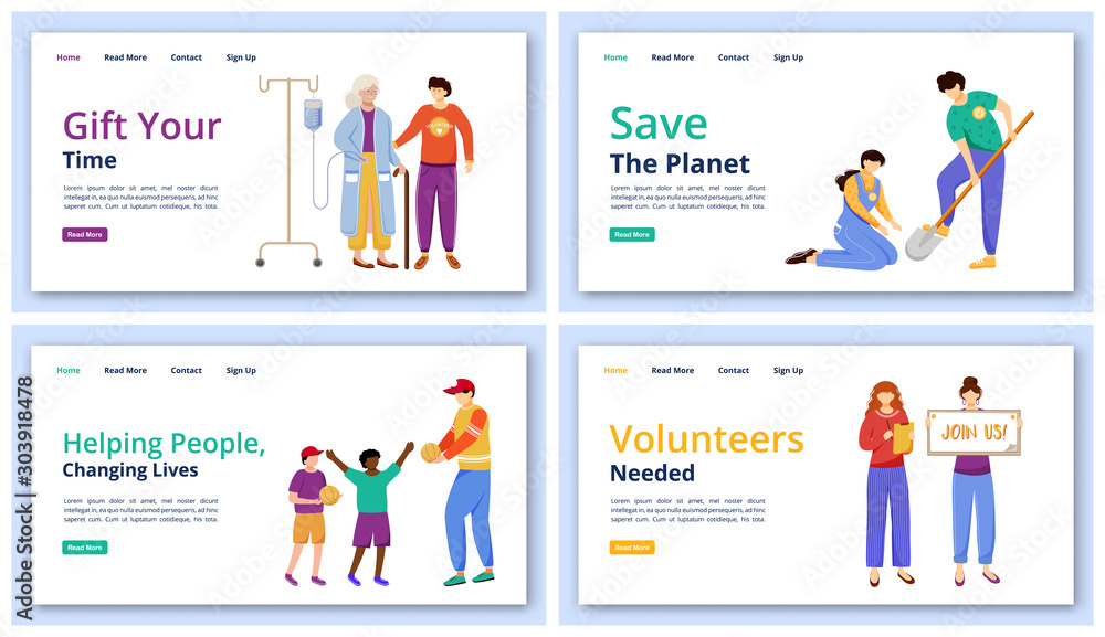 Charity activities landing page vector templates set. Volunteering website UI idea with flat illustrations. Community services homepage layout. People and ecology care web banner cartoon concept