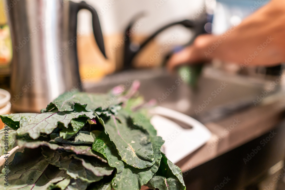 Φωτογραφία Pile of many washed wet green red kale leaves closeup on kitchen counter with ma