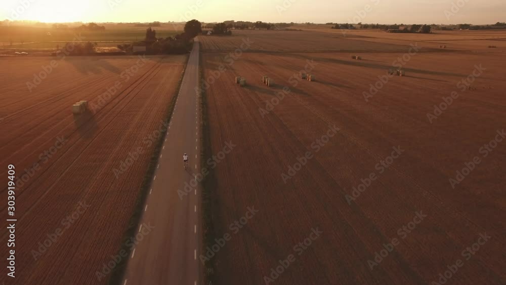 Road Cyclist Aerial In The Countryside. Location: Southern Sweden, Scandinavia. August of 2018. 