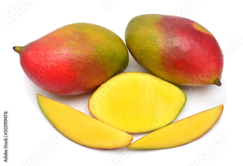 Mango group fruit whole and half isolated on white background. Flat lay, top view