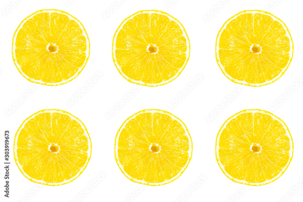 Top view of ripe fresh juicy round slices, pieces of lemon yellow citrus fruit. Cut lemon, clipping path isolated on white background. Healthy vegan or vegetarian food concept. Vitamin C benefits.
