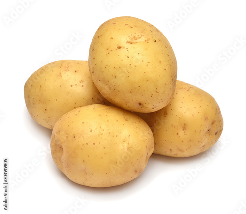 Group young potato isolated on white background. Harvest new. Flat lay, top view