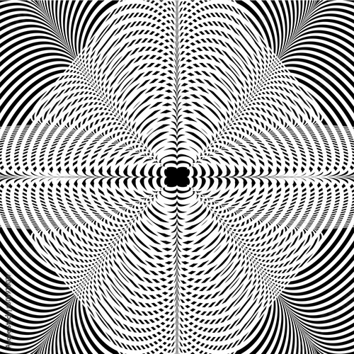 Abstract black and white striped background. Geometric pattern with visual distortion effect. Optical illusion. Op art.